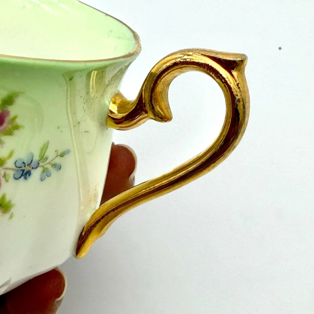 Royal Albert Teacup Saucer Bone China Vintage Green Pink Gold Tone